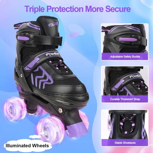 Miniatura 4 de Patines infantiles para niñas de 6 a 12 años – Patines ajustables para niños con ruedas juveniles iluminadas en negro y morado