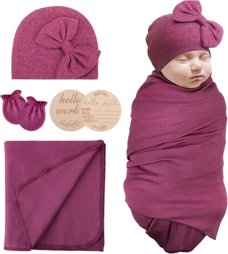 Miniatura 12 de AQOKKA Manta para Recién Nacido con Moño, Juego de Sombrero y Guantes, Tarjeta de Madera para Recién Nacidos, Niños, Niñas, Envoltorio para Envolver