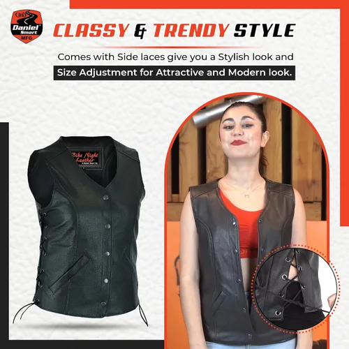 Miniatura 3 de Daniel Smart Motorcycle Vest for Women Open Neck Leather Vest with Unique Design and Inside Carry Pockets