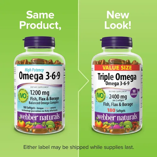 Miniatura 6 de Webber Naturals Triple Omega 3 6 9, 2400 mg de aceite de pescado por porción, alta potencia, 180 cápsulas blandas, sin regusto a pescado