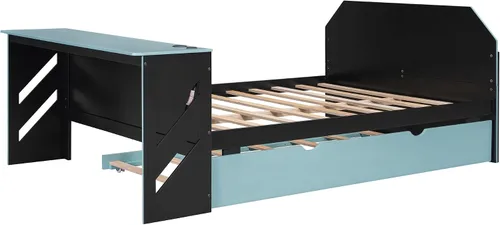 Miniatura 7 de Cama para juegos, sofá cama de tamaño matrimonial con escritorio, cama de plataforma matrimonial de madera con cama nido de tamaño individual y USB