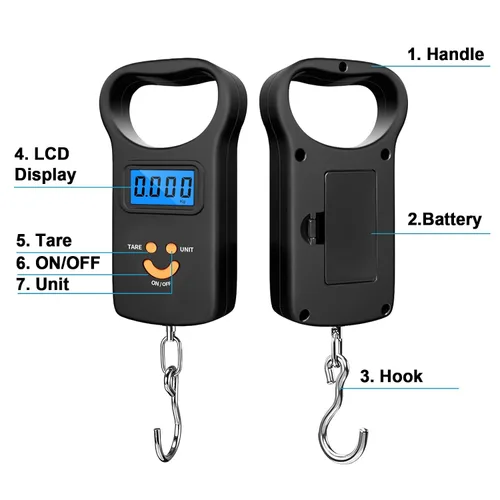 Miniatura 3 de SKEAP Báscula digital para equipaje, 110 libras / 110.2 lbs, pantalla LCD retroiluminada, báscula de pesca con 2 pilas AAA incluidas, regalos