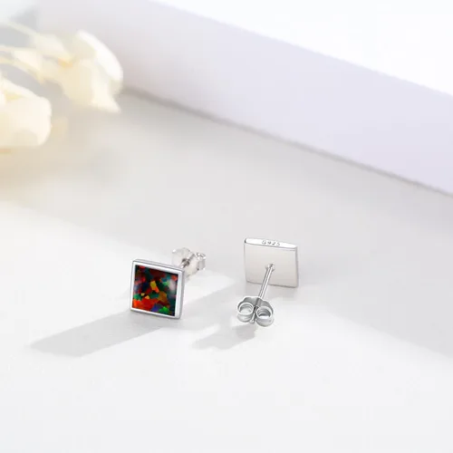 Miniatura 2 de Aretes de ópalo de fuego negro, plata de ley 925, aretes cuadrados negros, joyería de ópalo, regalos de cumpleaños y Navidad para mujeres, Plata