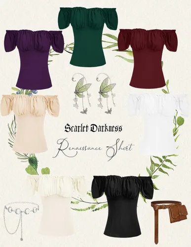Miniatura 7 de Scarlet Darkness Camisa Renacentista para Mujer con Hombros Descubiertos y Mangas Cortas con Volantes, Blusa Campesina de Verano con Cuello Cuadrado