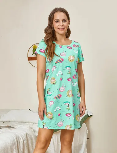 Miniatura 4 de PNAEONG - Camisón de algodón para mujer, de manga corta y con estampado, ropa de dormir informal