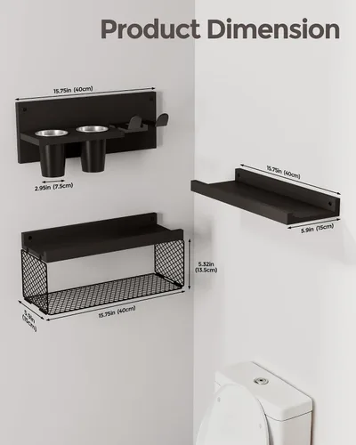 Miniatura 3 de Puricon Estantes flotantes de baño con soporte para secador de pelo, juego de organizadores de madera rústica de 3 niveles montados en la pared