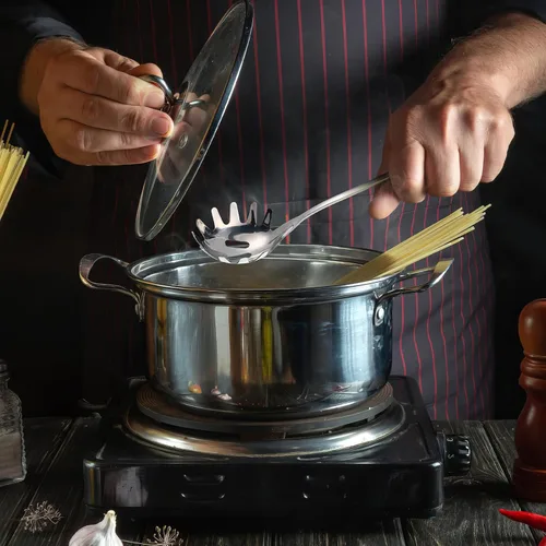 Miniatura 9 de Cabilock Servidor de cuchara de espagueti de acero inoxidable con mango cómodo, práctica cuchara de servir de fideos para albóndigas de pasta y más