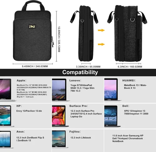 Miniatura 3 de ZINZ Bolsa de hombro para laptop de 12.3-13 pulgadas, bolso expandible con compartimento para objetos de valor compatible con MacBook Air/Pro/Neo