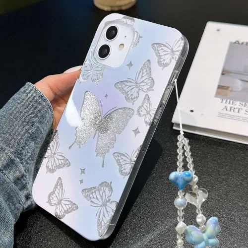 Miniatura 6 de Abbery - Funda diseñada para iPhone 12/12 Pro con purpurina, transparente y linda con diseño de mariposa, correa para la muñeca, brillante