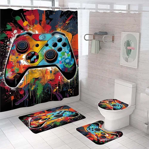 Miniatura 12 de NORBEY Juego de 4 cortinas de ducha de juegos, juego de cortina de baño clásica con alfombrilla antideslizante, cubierta de inodoro y 12 ganchos
