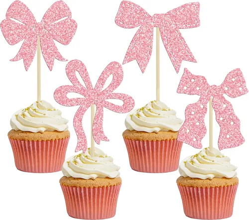 Miniatura 15 de Ephlyn 24 Piezas Adornos para Cupcakes con Lazo Rosa - Decoraciones de Cupcakes con Moño para Nupcial, Baby Shower, Fiesta Temática de Boda - Negro