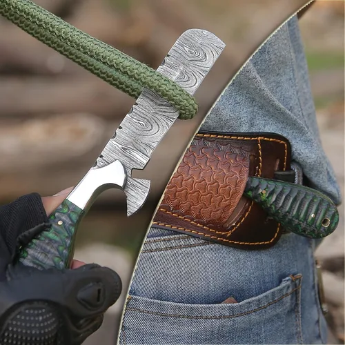 Miniatura 7 de 8" Cuchillo de corte de toro de Damasco hecho a mano con funda de cuero - Cuchillo de vaquero occidental para caza, despellejado, acampada y Verde