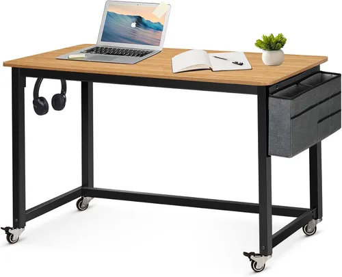 Miniatura 21 de AHB Escritorio para computadora con 4 ruedas lisas, escritorio móvil de estilo simple, mesa de estudio para oficina en casa, estación de trabajo
