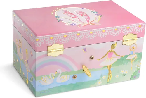 Miniatura 3 de Jewelkeeper Caja de almacenamiento de joyería musical para niña con cajón extraíble, diseño de arcoíris y lámina dorada, tono de lago de cisne