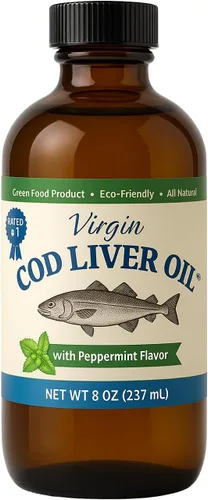 Aceite de hígado de bacalao virgen, 8 onzas líquidas, natural, capturado en la naturaleza y sabor fresco, alto en vitamina D, Omega 3 DHA/EPA (sabor