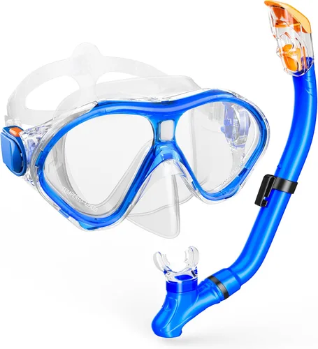 Juego de esnórquel para niños, equipo de esnórquel con parte superior seca, gafas de natación para niños, máscara de esnórquel de vidrio templado