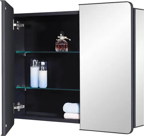 Miniatura 14 de IDYLLOR Gabinete de espejo de baño negro para medicinas con puerta con esquinas redondas y borde biselado, 15 x 25 pulgadas, montaje empotrado