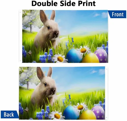 Miniatura 3 de Yekiua Bandera de conejo de Pascua, huevos de 3 x 5 en hierba verde con margaritas, flores resistentes a la decoloración UV, color vivo, cabecera