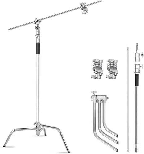 Soporte en C resistente con brazo de pluma, soporte de luz de fotografía resistente de acero inoxidable, altura ajustable de 4.9 pies a 10.8 pies,