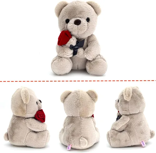 Miniatura 3 de HWD Oso de peluche de 9.8 pulgadas con rosa, muñeca de felpa suave, juguetes de peluche, regalos para ella/novia, amante, mamá, niños pequeños (gris)