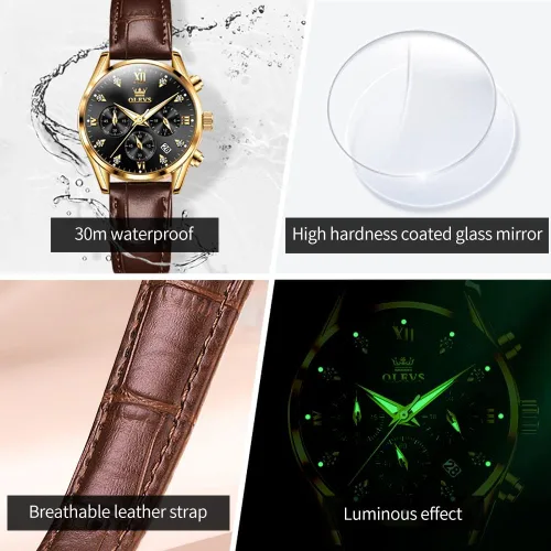 Miniatura 6 de OLEVS Reloj de pulsera para mujer, correa de cuero, reloj de cuarzo, cronógrafo, fecha, impermeable, luminoso, regalo para mujer
