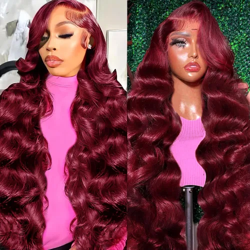 Miniatura 21 de Smabuity Pelucas de cabello humano con encaje frontal color borgoña 99J, peluca de cabello humano rojo burdeos, pelucas de encaje frontal HD de 13 x