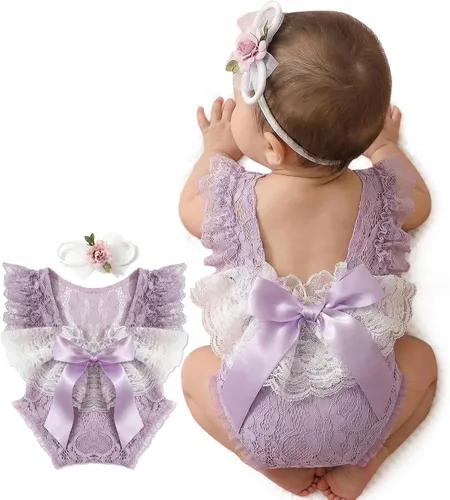 Miniatura 7 de ForBaysy Accesorios de Fotografía para Recién Nacidos Conjunto de Niña Mameluco de Encaje a Juego con Linda Diadema de Flores Vestido para Recién