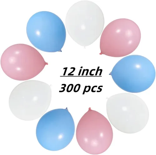 Miniatura 2 de Paquete de 300 globos de látex blanco, rosa y azul, 100 de cada uno de los 3 colores de 12 pulgadas, blanco, rosa claro, azul claro, globos de látex