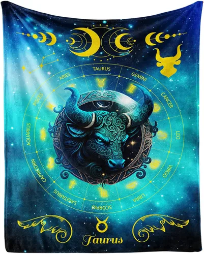 Manta del zodiaco Tauro, manta de franela de 50 x 40 pulgadas, manta de franela con temática de astrología y estrellas y vibrante, manta suave para