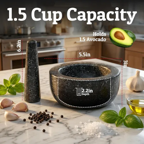 Miniatura 3 de Priority Chef Juego de Mortero y Mano de Mortero de Alta Resistencia, 1.5 Tazas, 100% Granito, Base Antideslizante, Haga Guacamole Fresco, Salsa