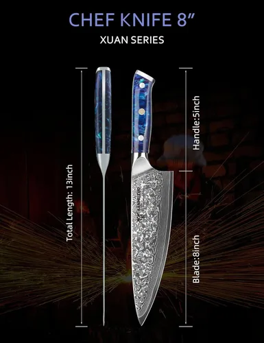 Miniatura 5 de Cuchillo de chef de 8 pulgadas, serie Xuan, VG10, cuchillo de cocina de acero damasco, mango de resina (azul zafiro)