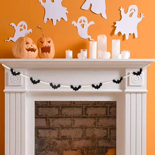 Miniatura 2 de DAZONGE Decoraciones de Halloween para interiores y exteriores, guirnalda de cuentas de murciélagos de fieltro de madera para decoración