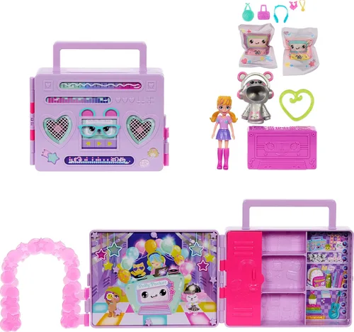 Polly Pocket Muñeca y Juego de Muñecas, Revelación de Moda de Baile en Discoteca Desempaquetado Juguetes de Viaje con Muñeca Amigo de Capucha de 7.6