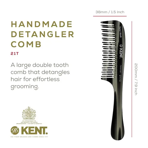 Miniatura 2 de Kent Peine desenredante grande de grafito negro 21T, dientes anchos para cabello grueso y rizado ondulado. Peine desenredante de cabello largo