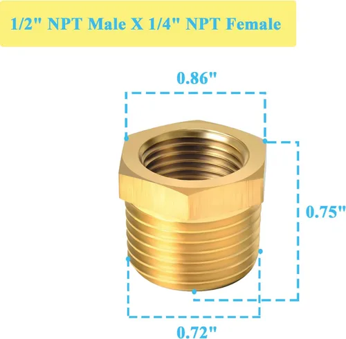 Miniatura 2 de 6 piezas de latón reductor hexagonal buje roscado montaje de tubería 1/2 pulgada NPT macho x 1/4 pulgadas NPT de latón resistente adaptador de tubo