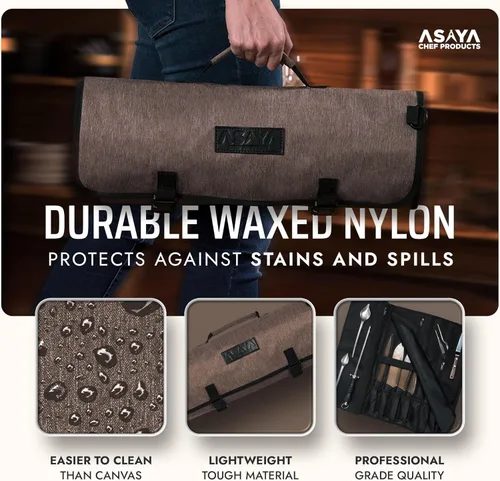 Miniatura 3 de Asaya Bolsa enrollable para cuchillos de chef, 20 bolsillos en total para cuchillos y utensilios de cocina, fabricada con nailon encerado resistente
