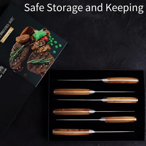 Miniatura 5 de Juego de 6 cuchillos para carne Damasco Premium no dentados con mango de madera de olivo natural, cuchillas de acero japonés de borde recto de 67