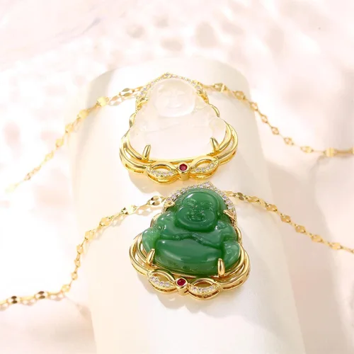 Miniatura 4 de Colgante de Buda sonriente de jade verde, collar de Buda de color dorado, cadena de eslabones de color dorado, collar de amuleto de guanyin