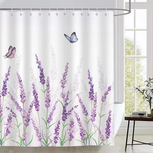 Miniatura 2 de Bonhause Cortina de ducha de lavanda morada, decoración de baño de mariposa floral lila primavera, 72 x 72 pulgadas, tela de poliéster impermeable