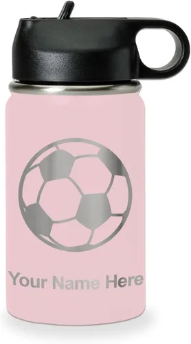 Miniatura 80 de LaserGram Botella de agua personalizada, pelota de fútbol, acero inoxidable de doble pared aislada al vacío con popote superior, regalo grabado