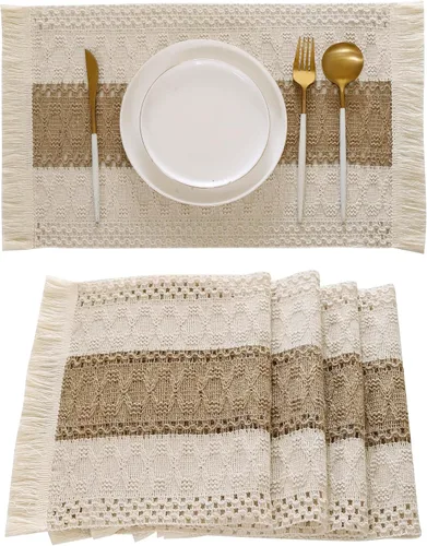 Miniatura 13 de Juego de 4 manteles individuales verdes de macramé para decoración de mesa con flecos, manteles individuales tejidos de arpillera natural para mesa