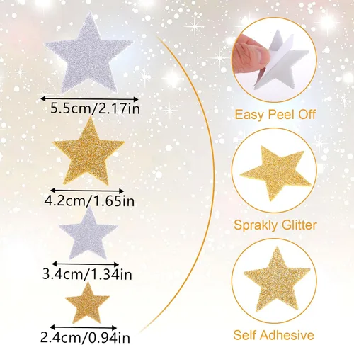 Miniatura 6 de Ouligay 200 calcomanías de estrella de espuma con purpurina dorada y plateada, calcomanías de espuma brillantes autoadhesivas para niños