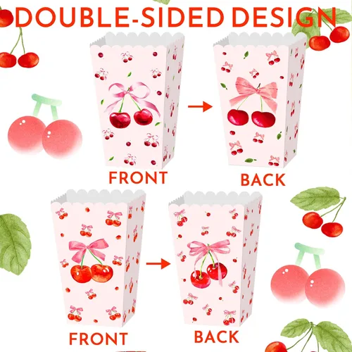 Miniatura 5 de Cajas de palomitas de maíz de cereza rosa, bolsas de regalo de cereza y lazos, 12 unidades, cereza en la parte superior, cajas de dulces, decoración