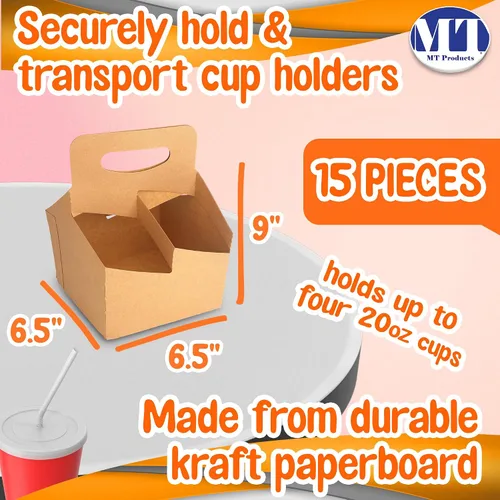 Miniatura 2 de MT Products Kraft - Portabebidas para 4 tazas de 6.5 x 6.5 x 9 pulgadas, soporte desechable para bebidas (paquete de 15), fabricado en los Estados