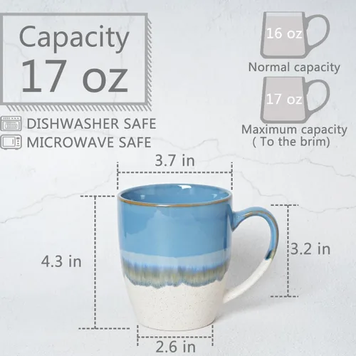 Miniatura 2 de Bosmarlin Juego de 4 tazas de café de cerámica, 17 onzas, tazas de café con asa grande, aptas para microondas, esmalte reactivo único Azul claro