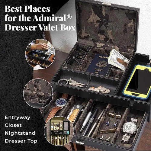 Miniatura 5 de HOUNDSBAY Admiral Dresser Valet Box y organizador de joyero para hombre, organizador de caja de reloj para hombres con estación de carga grande