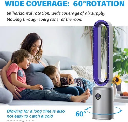 Miniatura 3 de advwin Ventilador de torre sin aspas con control remoto, ventilador de enfriamiento silencioso con oscilación, 24 velocidades, temporizador de 12