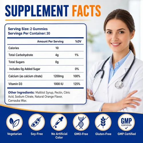 Miniatura 8 de (2 unidades) Citrato de calcio con gomitas de vitamina D3, suplemento de calcio de 1200 mg para mujeres y hombres, apoya la salud de los huesos