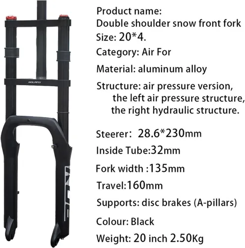 Miniatura 3 de Snow Beach Bike Suspension Tenedor de 20 pulgadas 4.0 Neumáticos Fat Air Forks Travel 5.512 in, 1-1/8inch Steerer Bike Horquillas Spread 5.315 in