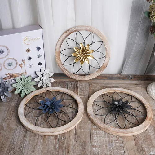 Miniatura 6 de Paquesta Decoración de Pared de Granja Redonda de 3 Piezas con 6 Flores Intercambiables de 12'' Medallón de Madera y Metal Arte de Pared Rústico